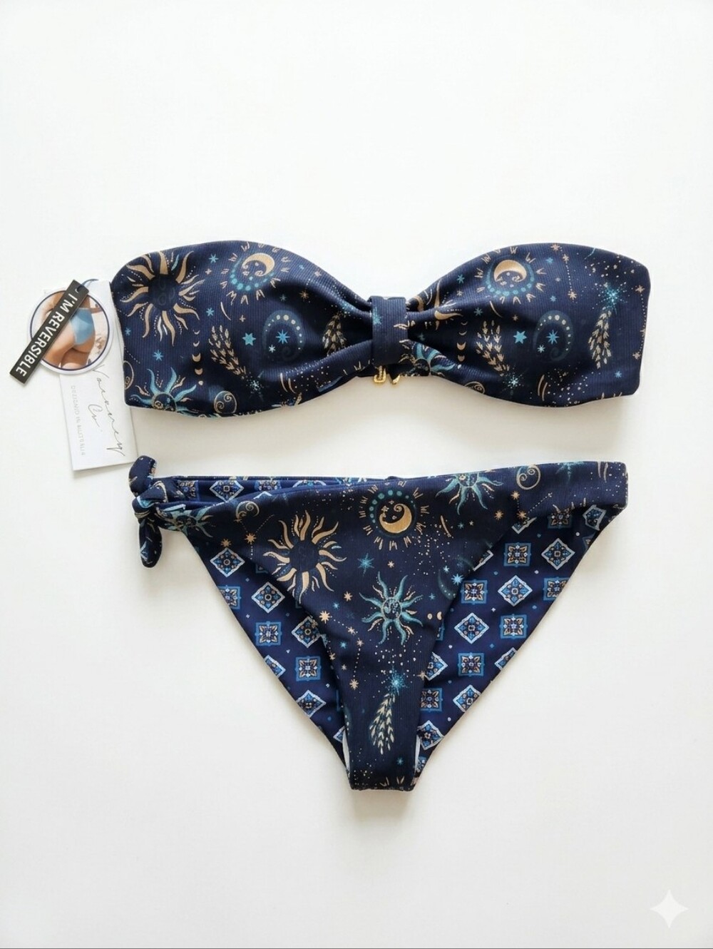 NWT XS Vacancy Co. Reversible Celestial & Geometric Blue Boho Bandeau Bikini Set